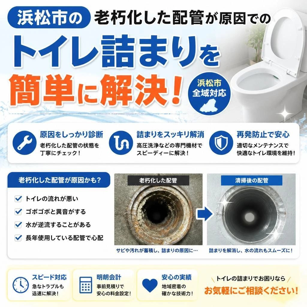 浜松市の老朽化した配管が原因でのトイレ詰まりを簡単に解決！