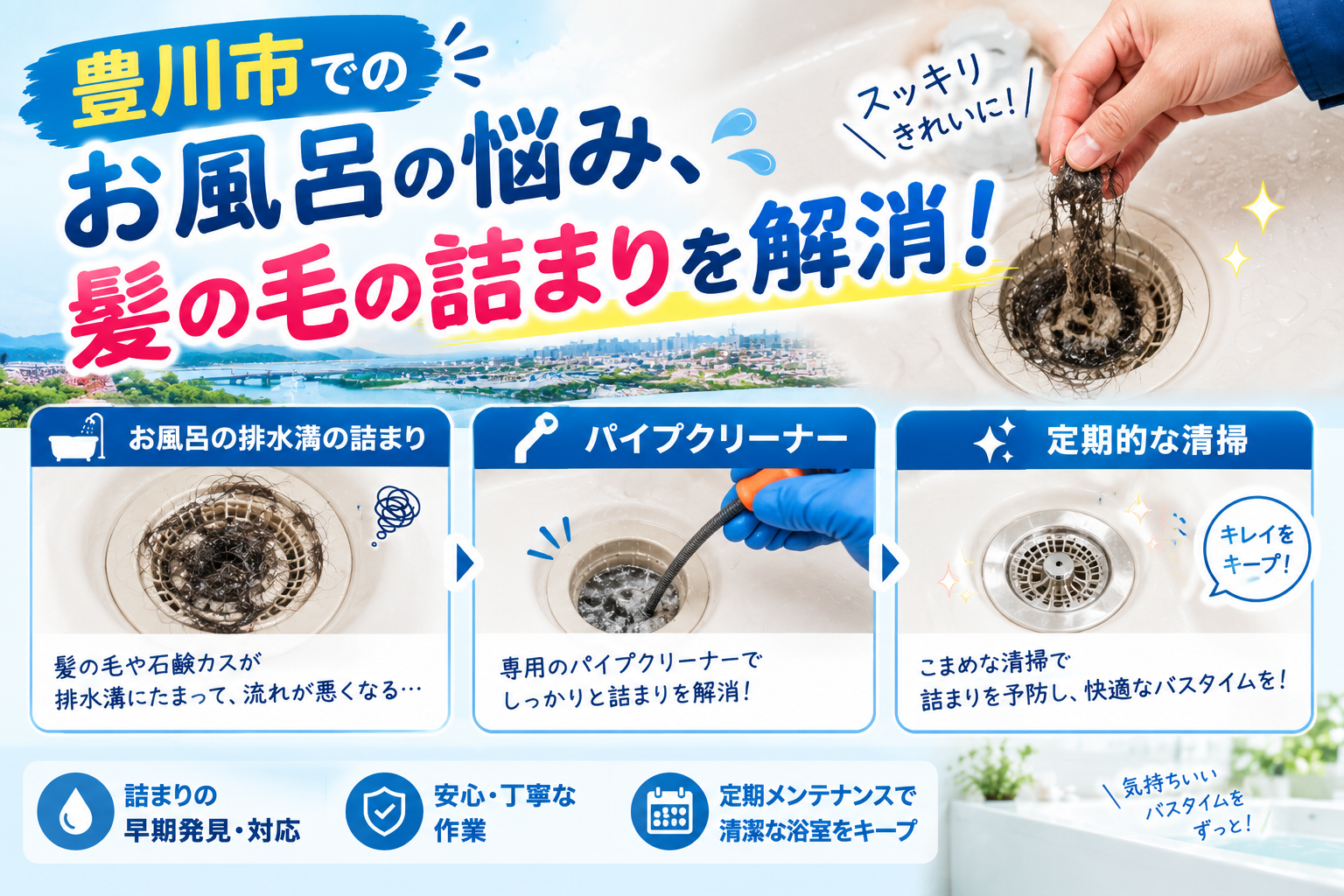 豊川市でのお風呂の悩み、髪の毛の詰まりを解消！